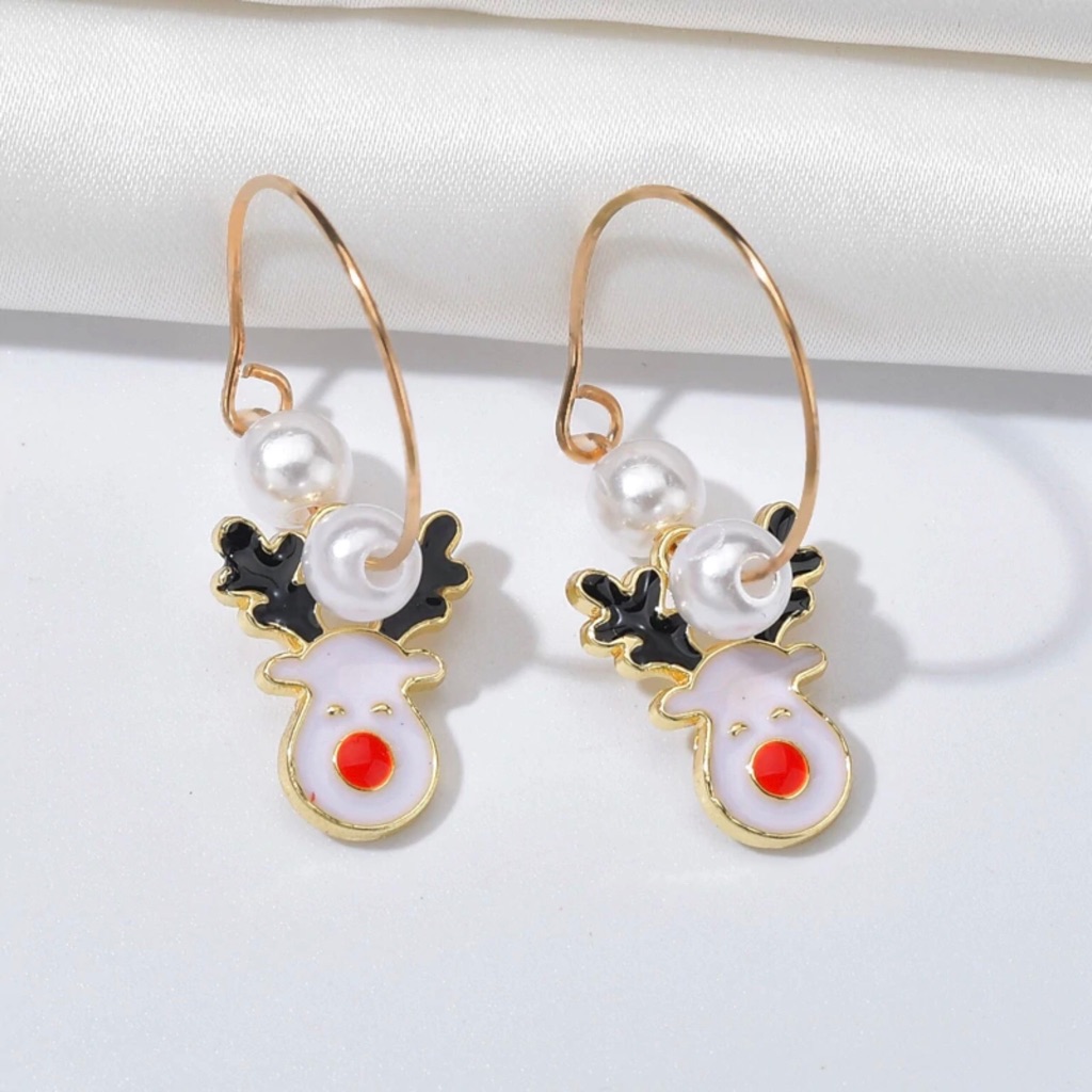 Reindeer Earrings Christmas Pearl Hoops